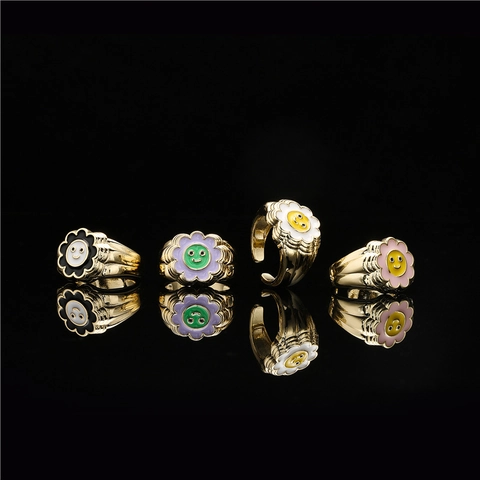 Anello Aperto in Rame Placcato Oro 18K Con Girasole e Faccina Sorridente per Donna Smalto Regolabile Gioielli di Moda Regalo