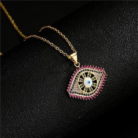 Retro Placcato Oro 18K Rame Zircone Colorato Malocchio Pendente Collana Stile Bohemien Moda Donna Gioielli Accessorio