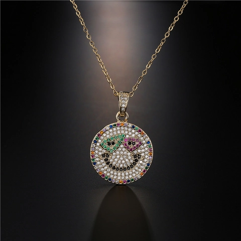 Hip Hop Sunglasses Smiley Face Pendant Necklace 18K Gold Plated Copper Cubic Zirconia Pave Jewelry For Party Punk Style