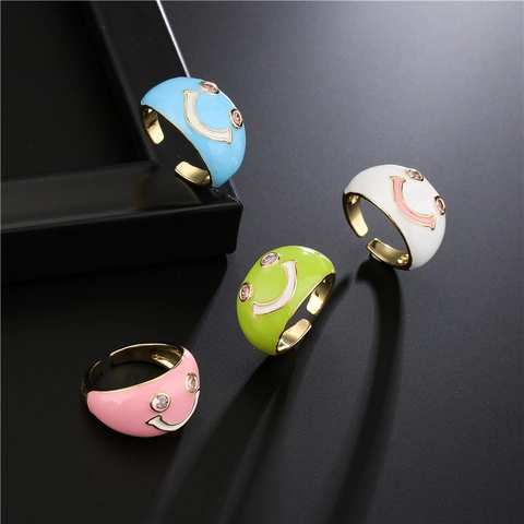 Kawaii Emaille Lächeln Gesicht Offener Ring Echtgold-Galvanisierung Kupfer Mit Rosa Zirkon Augen Verstellbare Damen Ringe Schmuck