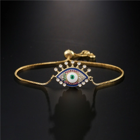 Gold Plated Copper Evil Eye Bracelet For Women Multicolored Zirconia Enamel Adjustable Slider Box Chain Jewelry Accessory