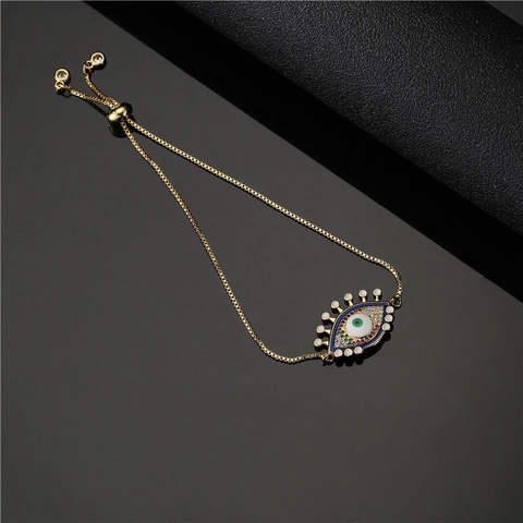 Gold Plated Copper Evil Eye Bracelet For Women Multicolored Zirconia Enamel Adjustable Slider Box Chain Jewelry Accessory
