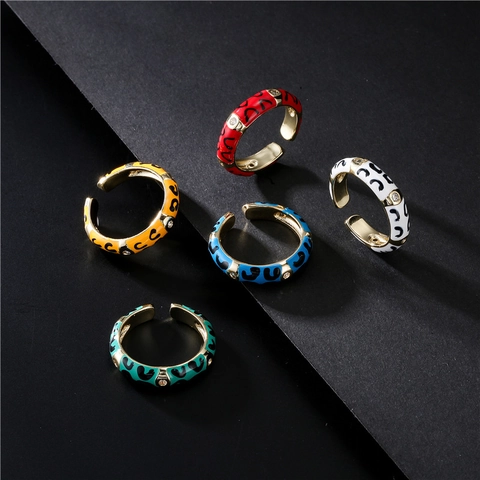 Trendy Copper Zirconia Leopard Print Enamel Open Ring Colorful Geometric Drip Oil Adjustable Ring For Women Jewelry