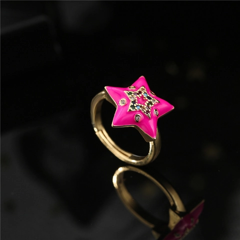 Mode Kupfer Gold Überzogen Emaille Stern Ring Mehrfarbig Strass Mikro Eingelegt Offen Einstellbar Fingerring Für Damen Schmuck