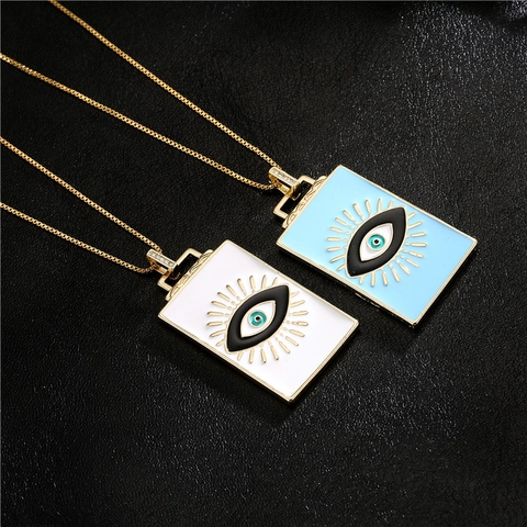 Collana con Pendente Rettangolare Malocchio in Rame Vintage Placcato Oro Smalto Zirconia Artistico Gioielli da Donna
