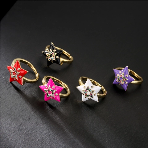 Mode Kupfer Gold Überzogen Emaille Stern Ring Mehrfarbig Strass Mikro Eingelegt Offen Einstellbar Fingerring Für Damen Schmuck