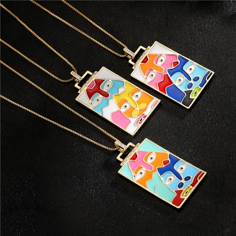 Collier Pendentif en Émail Visage Art Abstrait Collier de Chaîne en Cuivre Micro Zirconia Bijoux Artistiques pour Femmes Accessoires