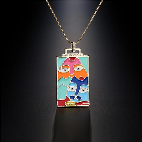 Collier Pendentif en Émail Visage Art Abstrait Collier de Chaîne en Cuivre Micro Zirconia Bijoux Artistiques pour Femmes Accessoires
