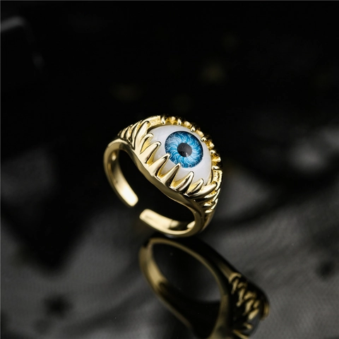 Gothic Copper Gold Plated Evil Eye Claw Adjustable Opening Ring Retro Punk Devil Eye Resin Eyeball Ring For Women Jewelry