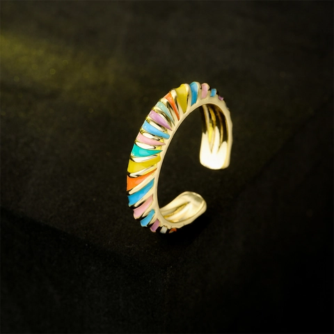 Fashionable Croissant Style Open Ring Colorful Enamel Striped Copper Gold Plated Resizable Jewelry For Women Party Gift