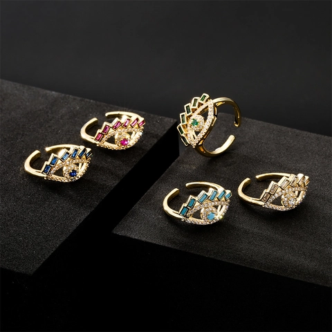 Exquisite Copper Evil Eye Adjustable Open Ring 18K Gold Plated Zirconia Inlaid Geometric Finger Ring Jewelry Gift For Women