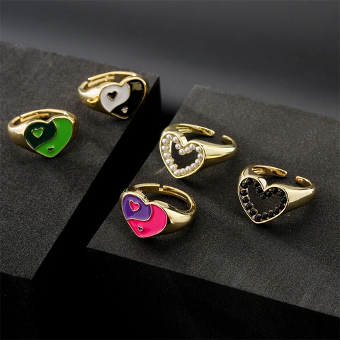 Anello Aperto a Cuore in Smalto Yin Yang Personalizzato per Donna in Rame Placcato Oro Regolabile Gioielli di Moda