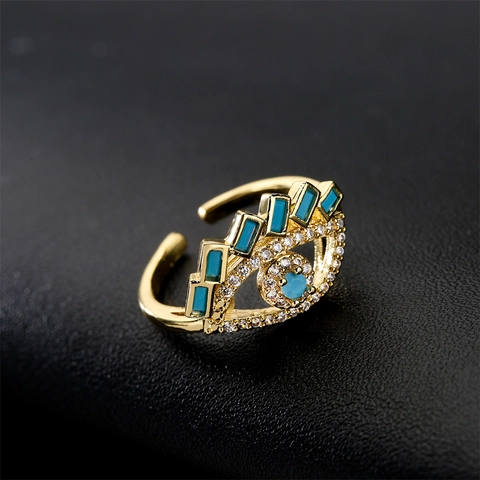 Exquisite Copper Evil Eye Adjustable Open Ring 18K Gold Plated Zirconia Inlaid Geometric Finger Ring Jewelry Gift For Women