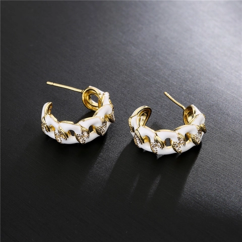 Pendientes de Aro en C con Cadena Cubana de Esmalte a la Moda Cobre Chapado en Oro Circón Incrustado Joyería Mujer