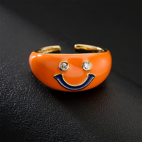 Fashion Copper Gold Plated Enamel Smiley Face Open Ring With Zirconia Colorful Adjustable Finger Ring For Women Jewelry