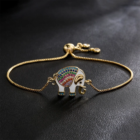 Fashion Elephant Bracelet Gold Plated Copper Colorful Zirconia White Enamel Adjustable Slider Box Chain Bracelet For Women
