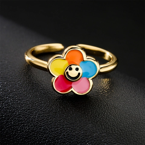 Anello Aperto Regolabile di Moda in Rame Placcato Oro Fiore di Smalto Colorato Faccina Sorridente Gioielli per Donna Ragazze