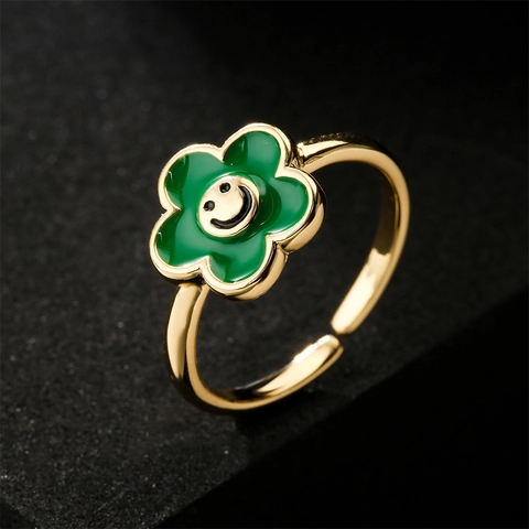 Anello Aperto Regolabile di Moda in Rame Placcato Oro Fiore di Smalto Colorato Faccina Sorridente Gioielli per Donna Ragazze
