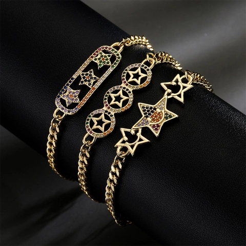 Fashion Copper Zirconia Star Bracelet For Women Gold Plated Cuban Chain Rainbow Stone Star Smiley Face Jewelry Gift