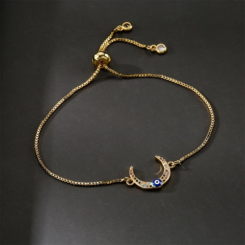 Bracelet en Cuivre Doré Réglable pour Femmes Micro-Incrusté Zirconia Coloré Croissant de Lune Mauvais Œil Cœur Pendentif Chaîne Box