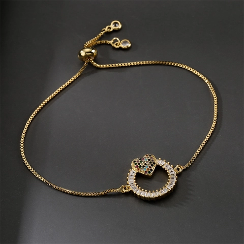 Bracelet en Cuivre Doré Réglable pour Femmes Micro-Incrusté Zirconia Coloré Croissant de Lune Mauvais Œil Cœur Pendentif Chaîne Box