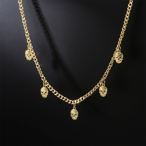 Collana Hip Hop con Ciondolo a Teschio in Rame Placcato Oro Catena Cubana con Occhi in Zirconia Verde Gioielli Punk Gothic per Uomo Donna