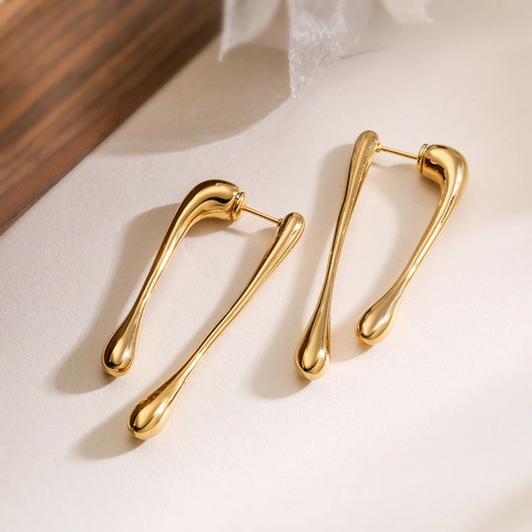 Women 18K Gold Plated Stainless Steel Long Water Drop Earrings Minimalist Streamlined Geometric Dangle Earrings Jewelry