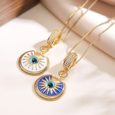 18K Gold Plated Copper Evil Eye Pendant Necklace With Zirconia And Enamel Sunburst Bohemian Vintage Jewelry For Women