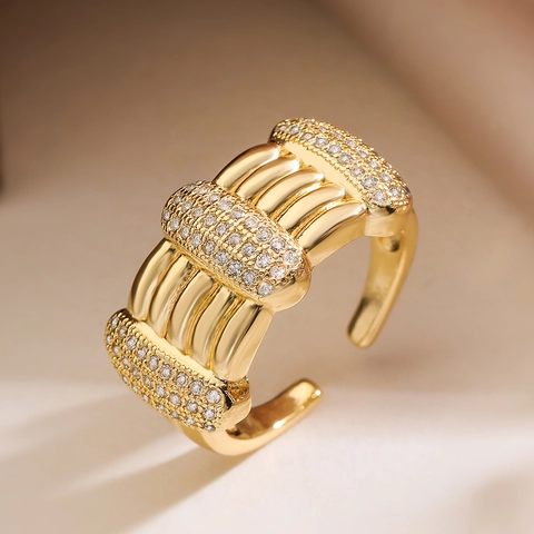 Anello Aperto in Rame Placcato Oro 18K con Zirconia Minimalista Anello Regolabile Geometrico Gioielli di Lusso da Donna