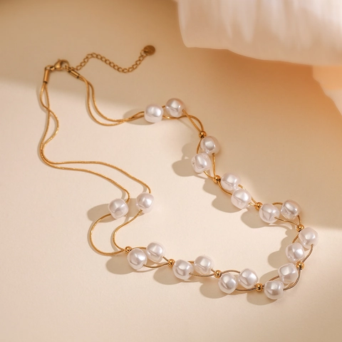 Elegante Collar de Acero Inoxidable de Doble Capa con Perlas Artificiales Bañado en Oro Choker de Perlas Barrocas Artificiales para Mujer Joyería