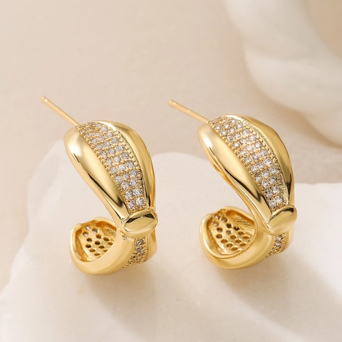 Minimalistische Geometrische Oorknopjes Voor Vrouwen Koper 18K Verguld Strass Ingelegd Kleine Ronde Boog Mode Sieraden