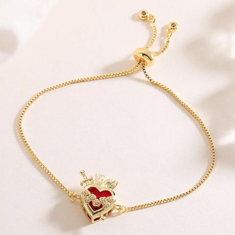 Heilig Hart Verstelbare Armband Koper 18K Verguld Rode Zirkonia Kruis Vlam Doornen Bedel Sieraden Voor Vrouwen
