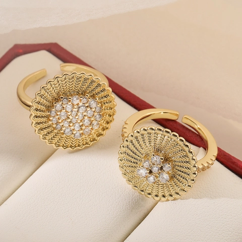 Übertriebener Personalisierter Kupfer Welle Strahlende Textur Blume Verstellbarer Offener Ring Vergoldeter Geometrischer Strass Ring Für Damen Schmuck