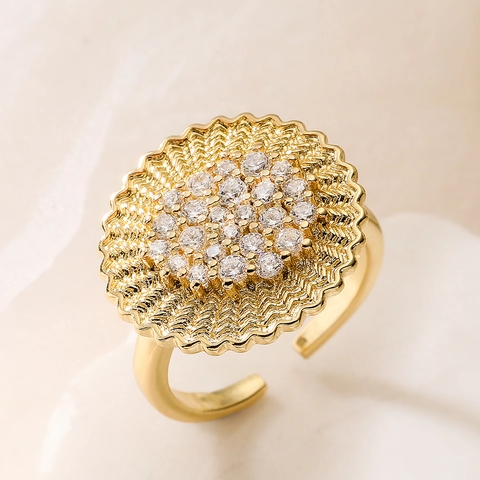 Übertriebener Personalisierter Kupfer Welle Strahlende Textur Blume Verstellbarer Offener Ring Vergoldeter Geometrischer Strass Ring Für Damen Schmuck