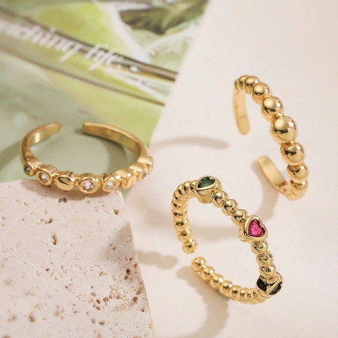 Elegant 18K Gold Plated Copper Open Rings For Women Zircon Geometric Heart Shaped Beaded Adjustable Fashion Jewelry Simple Versatile Rings