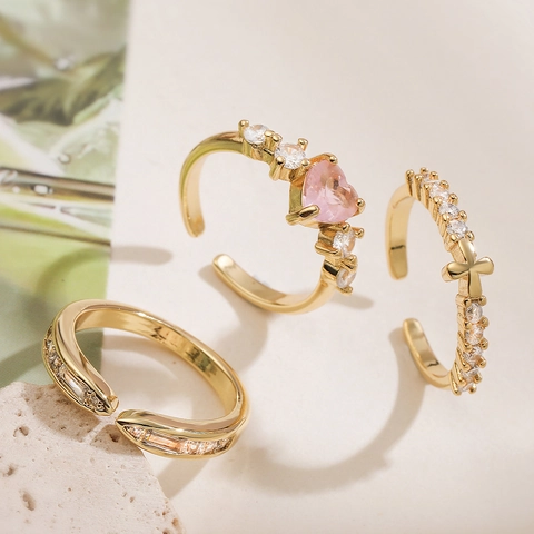 18K Vergoldete Kupfer Offene Ringe Für Damen Rosa Herz Kreuz Rechteck Zirkon Verstellbare Fingerringe Mode Schmuck