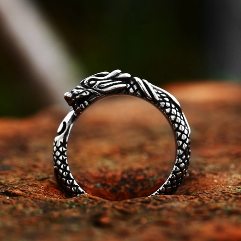 Vintage Stainless Steel Dragon Head Ring For Men Punk Gothic Style Dragon Scale Textured Open Adjustable Band Jewelry Gift