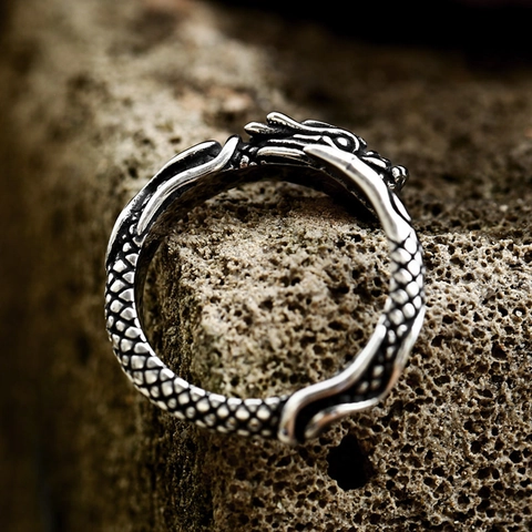 Vintage Stainless Steel Dragon Head Ring For Men Punk Gothic Style Dragon Scale Textured Open Adjustable Band Jewelry Gift