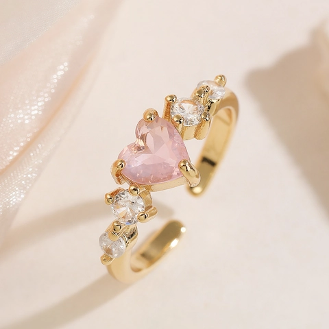 18K Vergoldete Kupfer Offene Ringe Für Damen Rosa Herz Kreuz Rechteck Zirkon Verstellbare Fingerringe Mode Schmuck