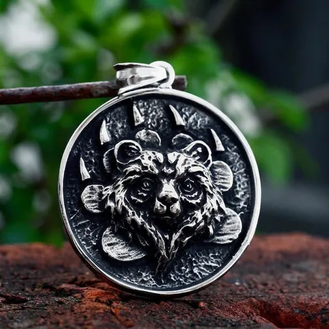 Colgante de Garra de Oso Vikingo Nórdico Vintage para Hombre Acero Inoxidable Relieve de Cabeza de Oso Collar Medallón Joyería