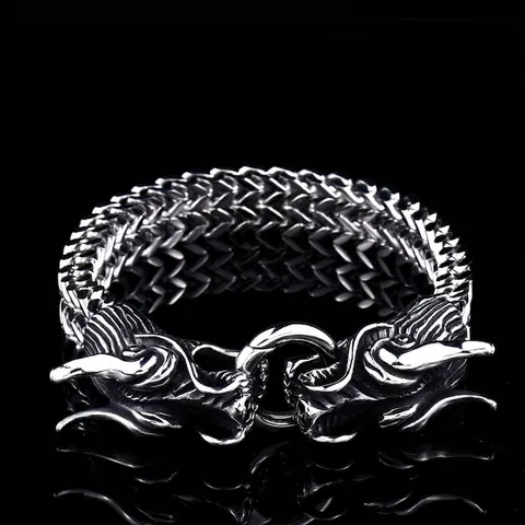 Bracelet Homme en Acier Inoxydable Double Tête de Dragon Chaîne Tressée Polie Bijoux Punk Dominant en Acier au Titane
