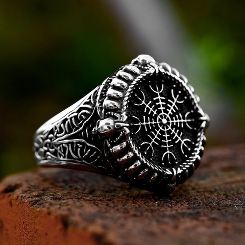 Vintage Viking Compass Ring For Men Stainless Steel Distressed Skull Nordic Runes Band Punk Biker Finger Jewelry Accessories