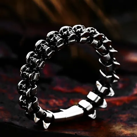 Men Gothic Skull Bracelet Stainless Steel Biker Punk Rock Silver Tone Heavy Metal Link Chain Hand Jewelry For Male