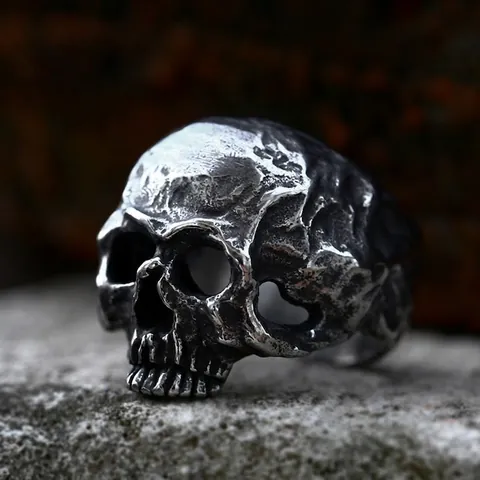 Vintage Stainless Steel Skull Ring For Men Gothic Punk Rock Skeleton Biker Rings Halloween Jewelry Gift Distressed Finish