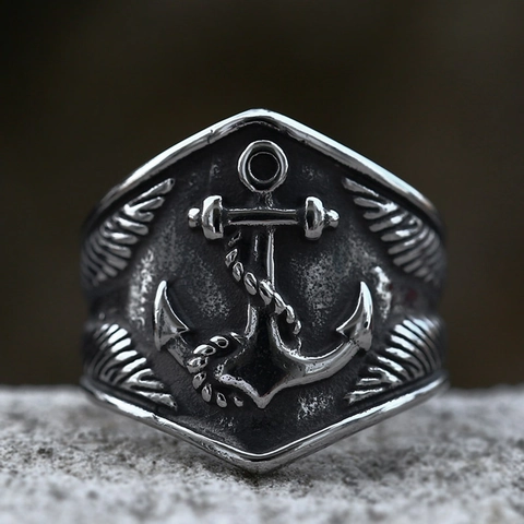 Nordic Viking Pirate Anchor Wings Stainless Steel Ring Men's Retro Punk Hip Hop Rudder Signet Ring Jewelry Gift