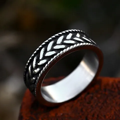 Anello in Acciaio Inossidabile Nordic Vintage per Uomo Motivo a Spiga di Grano Intrecciato Stile Industriale Lucidato