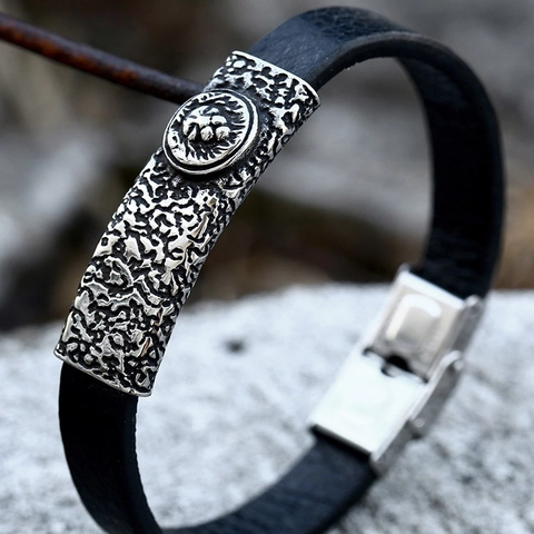 Herren Retro Löwenkopf Leder Armband Titanstahl Punk Rock Schmuck Für Herren Vintage Geprägtes Tier Armreif Armband