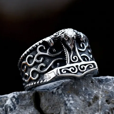 Vintage Men Stainless Steel Nordic Viking Thor's Hammer Ring Mjolnir Goat Head Relief Biker Punk Rock Finger Ring Jewelry