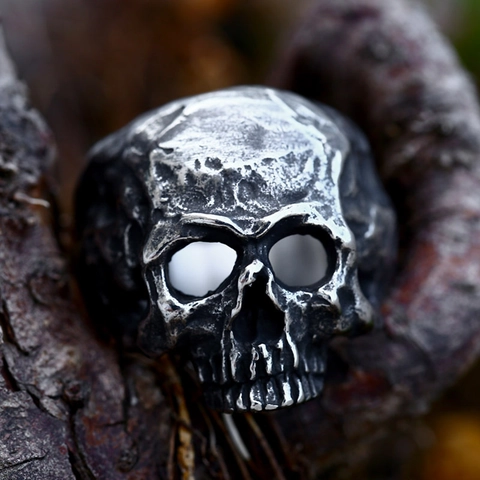 Vintage Stainless Steel Skull Ring For Men Gothic Punk Rock Skeleton Biker Rings Halloween Jewelry Gift Distressed Finish