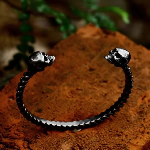 Bracciale Rigido Teschio Acciaio Inossidabile Vintage per Uomo Gothic Punk Design Colonna Vertebrale Argento Ossidato Gioielli